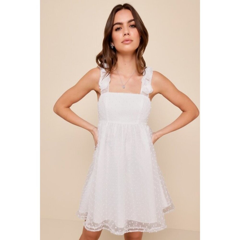 Lulus Darling Existence White Swiss Dot Rosette Sleeveless Mini Bridal Dress